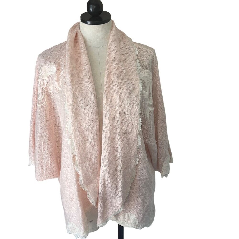 Natori Vintage Womens Jacket One Size Pink Satin Applique Knit Boudoir Lace